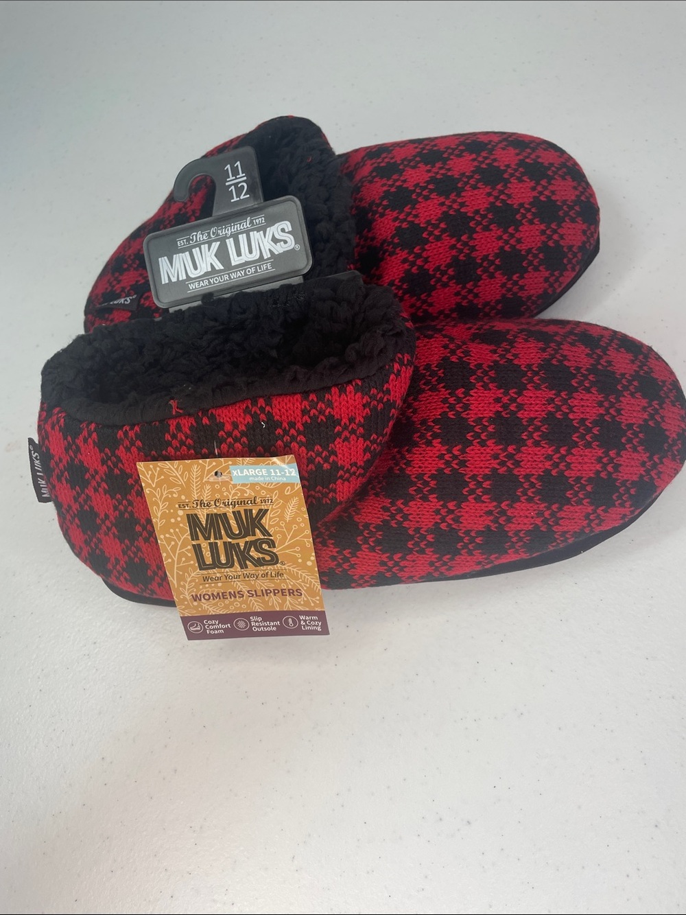 Muk Luks Red & Black Houndstooth Slip-On Slippers